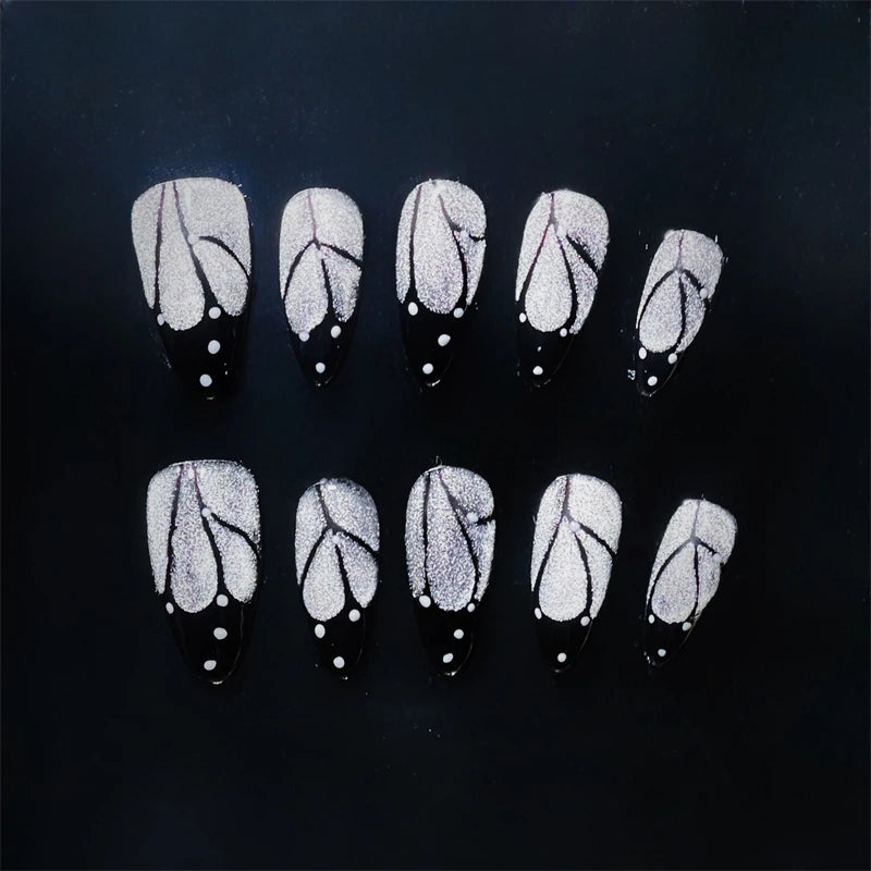 Qfdian Handmade Glitter Wings Fake Nails Press On Nails Cat Eye Almond Nail Reusable Adhesive False Nails Cool Design Finger Tips Kit