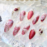 Qfdian 10pcs Handmade Almond Press on Nails Reusable Adhesive Mottling Fake Nails Irregular Manicure Beauty Wearable Finger Tips Woman