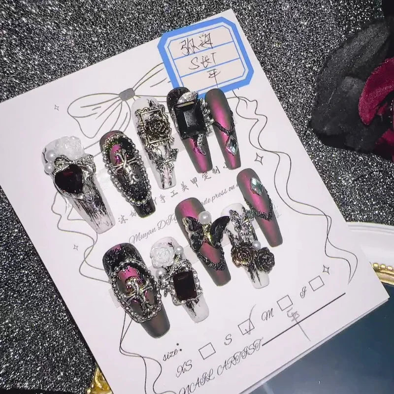 Qfdian 10Pcs High Quality Handmade Press on Nails Mihai Matte Darkening Niche Style Spicy Girl Nail Drill Decoration