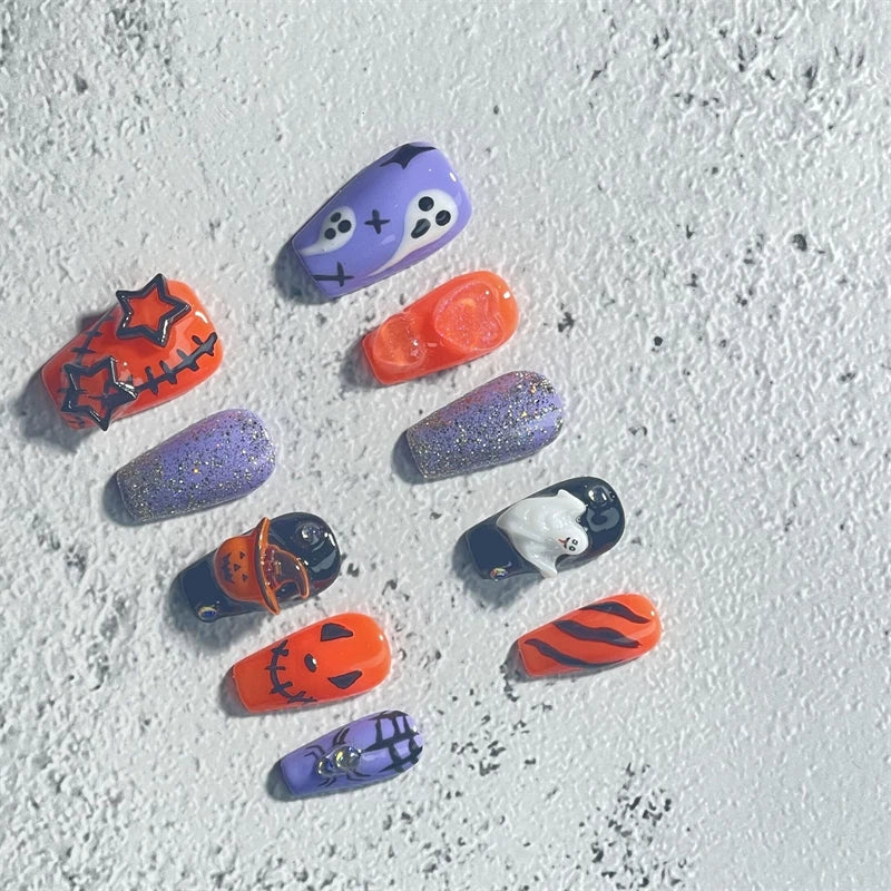 Qfdian Halloween Handmade Press on Nails y2k Pumpkin Full Cover Fake Nails Spice Girls Glitter Wearable Nail Tips Manicure Mixing Color