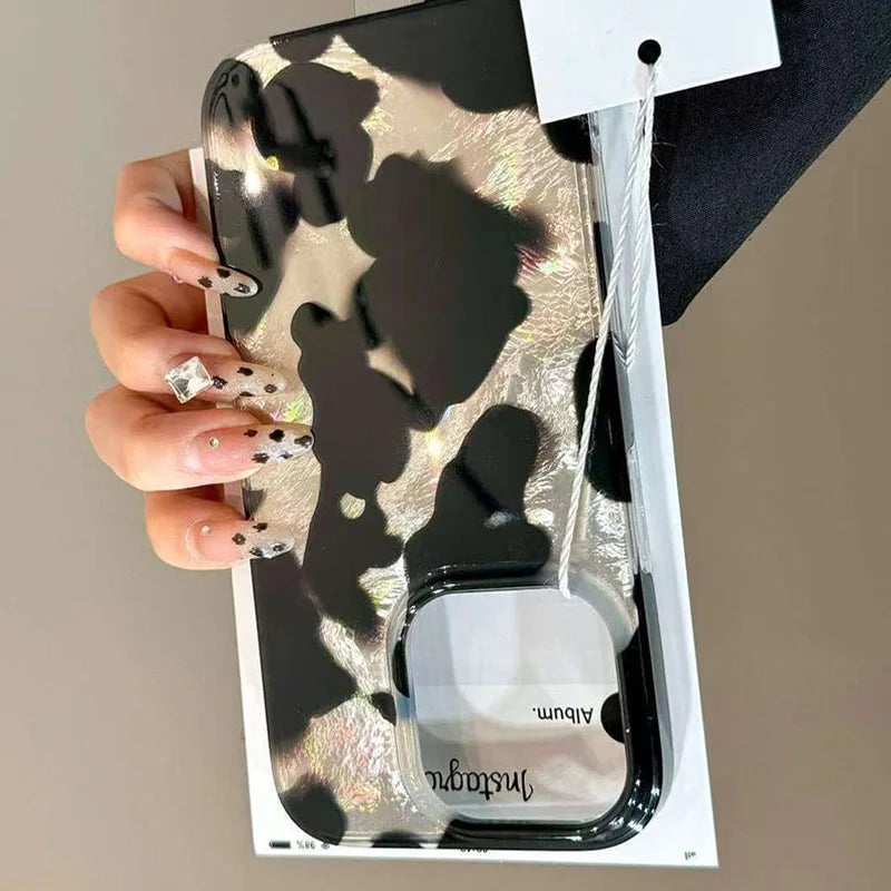Qfdian Gradient Ink Marks Laser Phone Case For Phone 16 15 14 13 12 11 Pro Max XS X XR 7 8 Plus Stylish Leopard Print Back Bumper Cover
