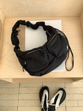Qfdian Vintage Women Nylon Zipper Hobo Bag Streetwear All Match Y2k Aesthetic Ins Shoulder Bags Drawstring Pleated Handbags Crossbody