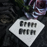 Qfdian 10Pcs Black Handmade Press on Nails Coffin Fake Nails Full Cover Gradient Metal Cool Artificial False Wearable Nail Tips Girl