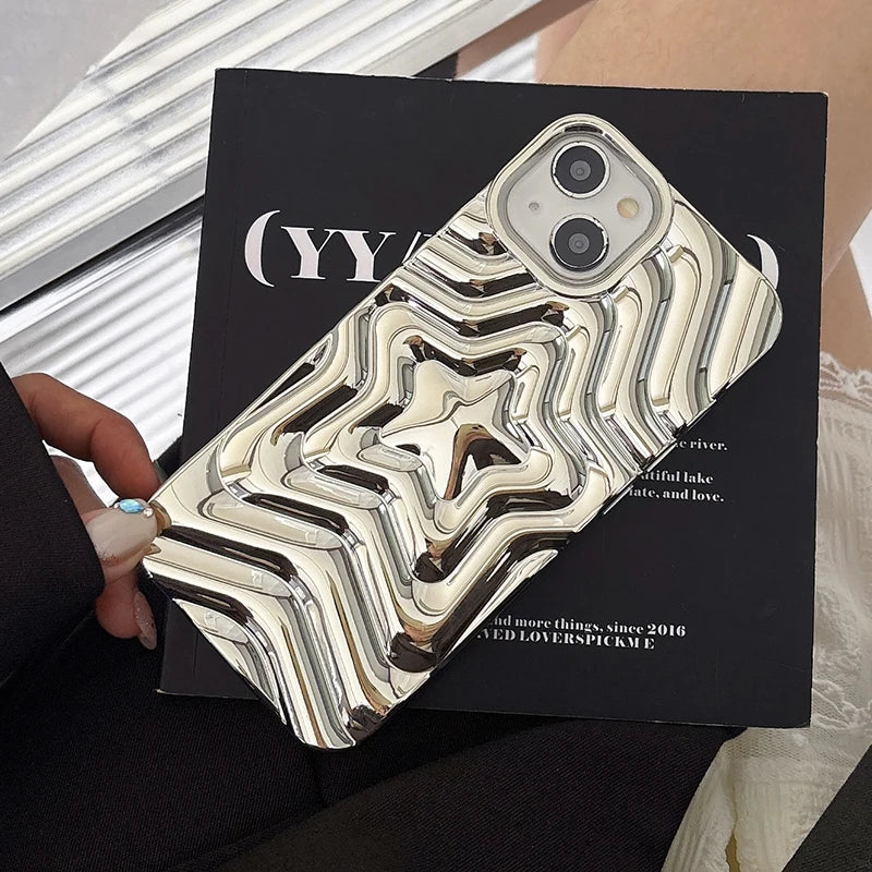 Qfdian Bling Chromed Silver Gradient Five-pointed Star TPU Phone Case For iPhone 16 Pro Max 15 13 14 Plating Silicone Back Cover