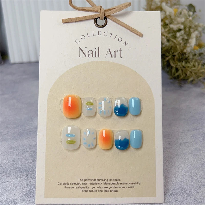 Qfdian Handmade Short Fake Nails Press on Nails Smudge Blue Cute Manicure Artificial Nail Reusable Adhesive Round Head Finger Tips Art