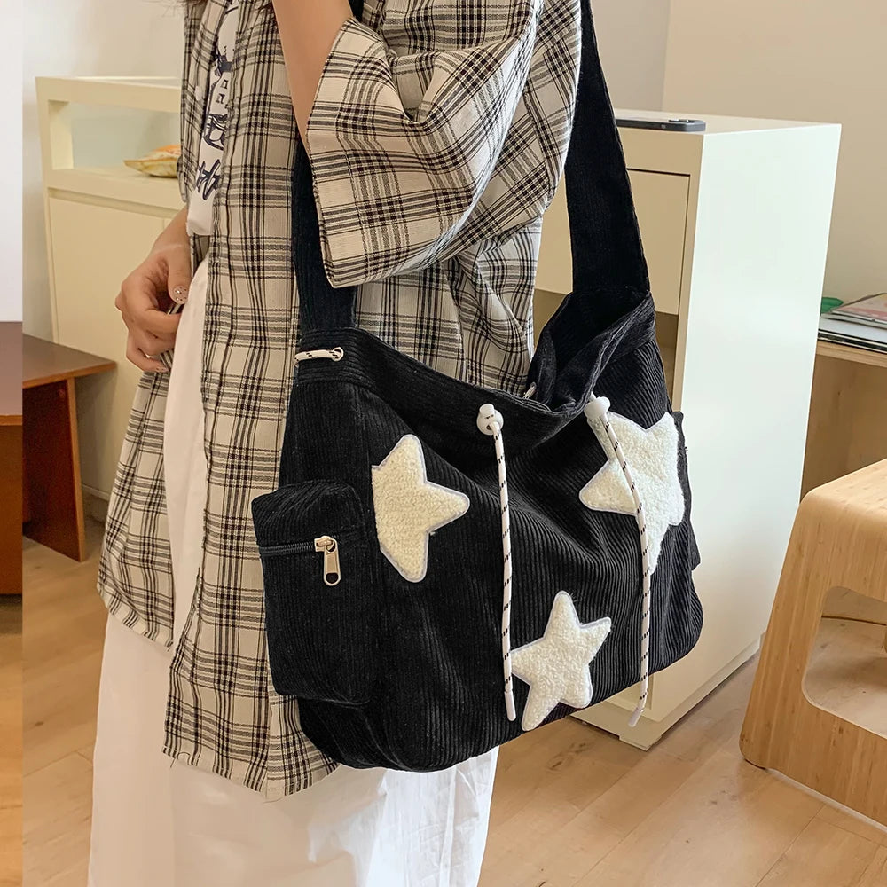 Qfdian Large Capacity Corduroy Bag, Women's Single Shoulder Casual Five Pointed Star Crossbody Bag, Versatile Tote Bag