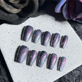 Qfdian Luxurious Handmade Press on Nails Fake Nails Blue Purple Quicksand Cat Eye Wearable Nails for Men Women Designed with Glitter