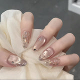 10pcs Handmade Nude Cat Eye Press on Nails Shiny Sequins Design Fake Nails Wearable Short Almond Sweet Korean False Nail Tips