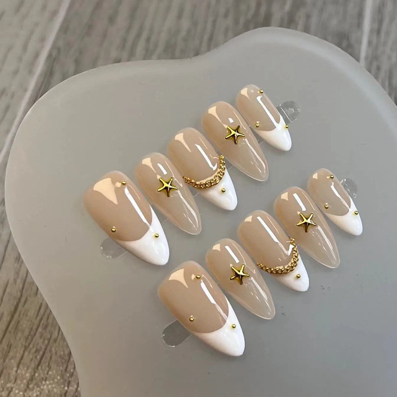 Qfdian Handmade Almond Press On Nail Reusable French Fake Nails Rhinestone Full Cover Artificial Manicuree Wearable Nail Tips Art