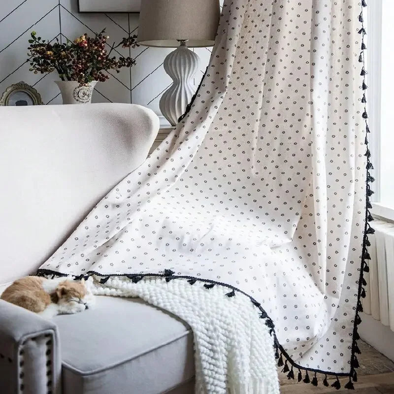 Qfdian Floral Farmhouse Curtains Semi-Blackout Living Room Drapes Cotton Linen Bohemian Window Curtain 1 Panels Tassel Beige Rod Pocket