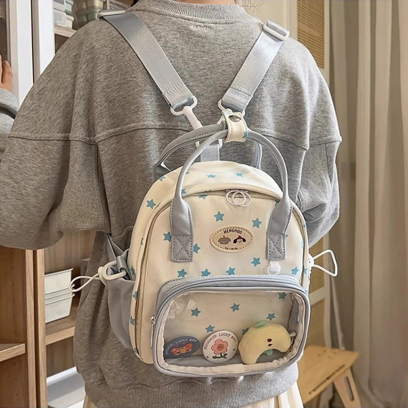 Qfdian Transparent Fashion Preppy Mini Backpacks Sweet Kawaii Star Print Ita Bags Y2k Aesthetic Students Casual Travel Schoolbags Women