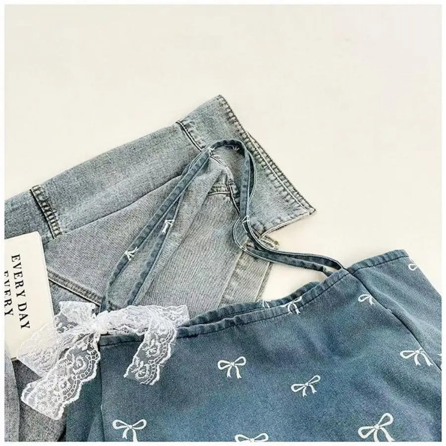 Qfdian Cowboy canvas bag, ladies' bow, sweet and versatile tote bag, large capacity casual shoulder bag