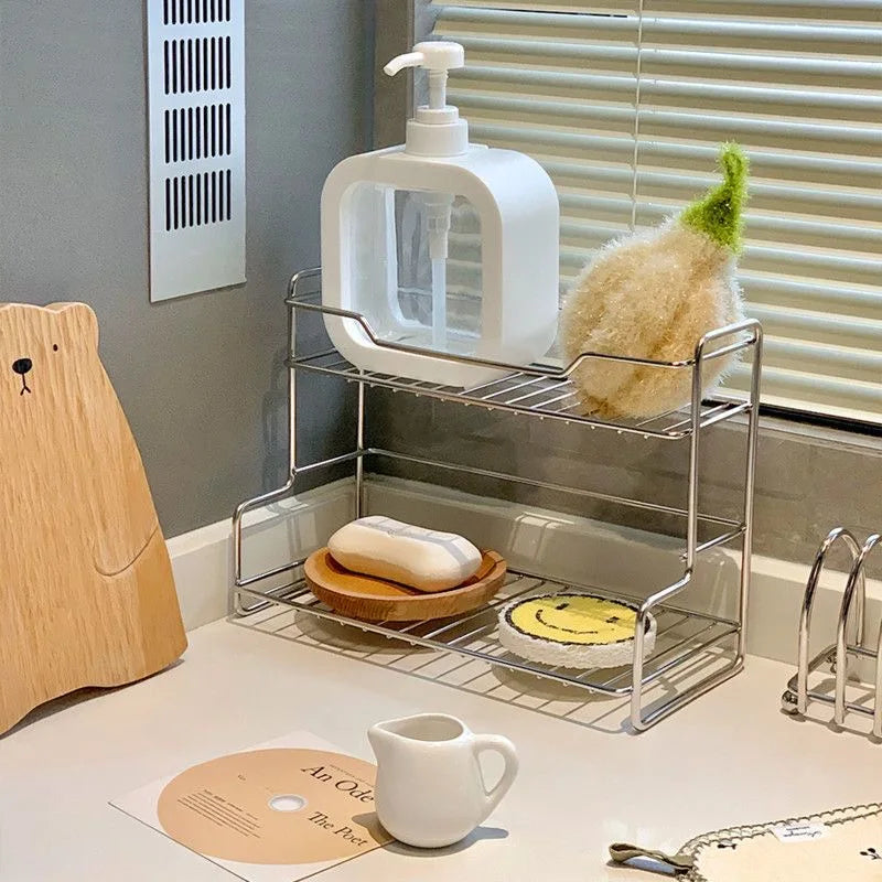 Qfdian Kitchen Countertop Storage Rack Spice Shelf Versatile Stainless Steel Storage Basket for Bathroom Toiletries Cup Organizer Racks