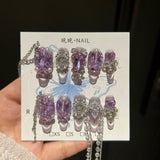 Qfdian 10Pcs High Quality Handmade Press on Nails Three-Dimensional Metal Decoration Cat's Eye Stick-on Nail Art Gorgeous Banquet