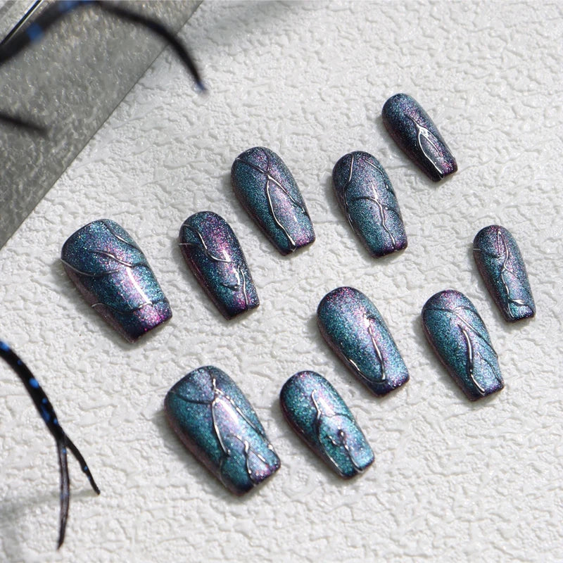 Qfdian Luxurious Handmade Press on Nails Fake Nails Blue Purple Quicksand Cat Eye Wearable Nails for Men Women Designed with Glitter