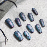 Qfdian Luxurious Handmade Press on Nails Fake Nails Blue Purple Quicksand Cat Eye Wearable Nails for Men Women Designed with Glitter