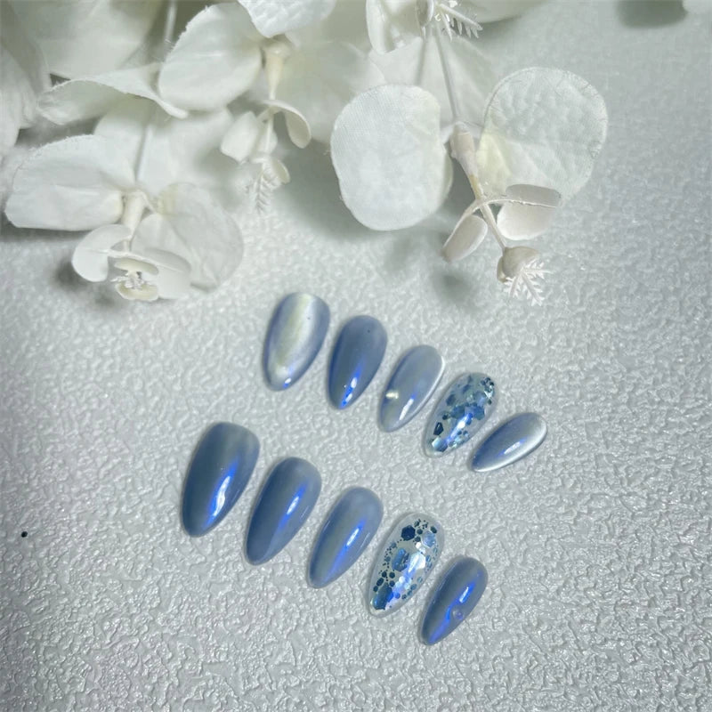 Qfdian 10Pcs Silk Cat Eye Handmade Press on Nails New-type Almond Fake Nails Ice-cold Manicure Artistic Full Cover Finger Tips Reusable