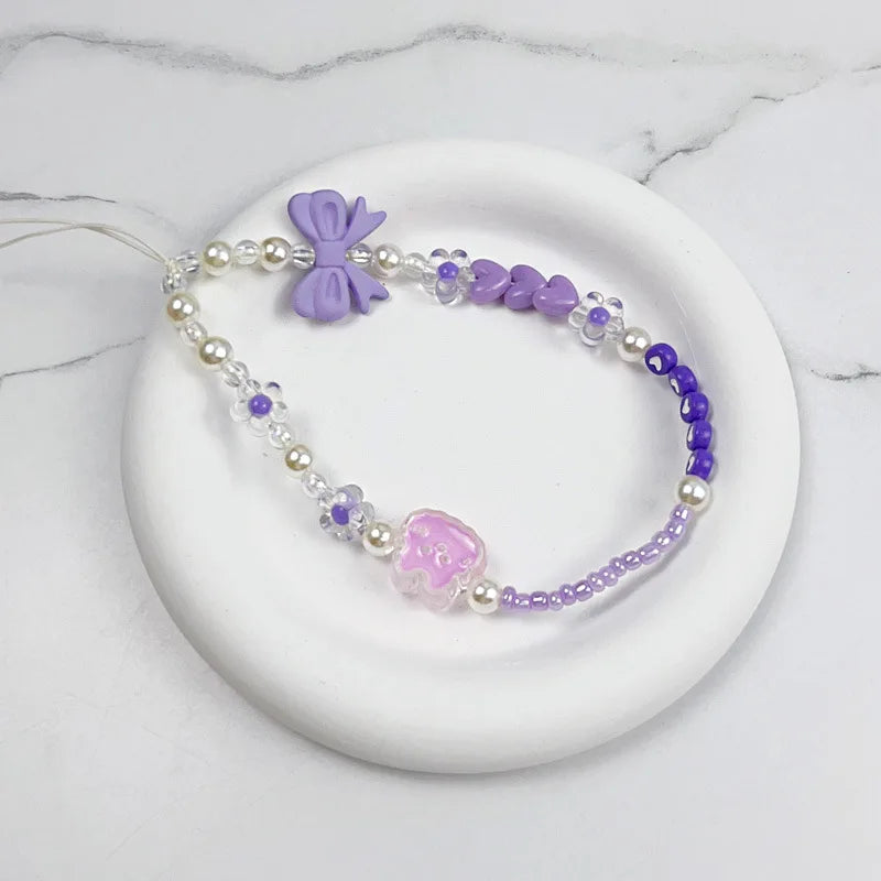 Qfdian 3D Bow Pearl Colorful Bead Handmade Pendant Beaded Phone Landyard Rope Chain Keychain For Iphone Bracelet