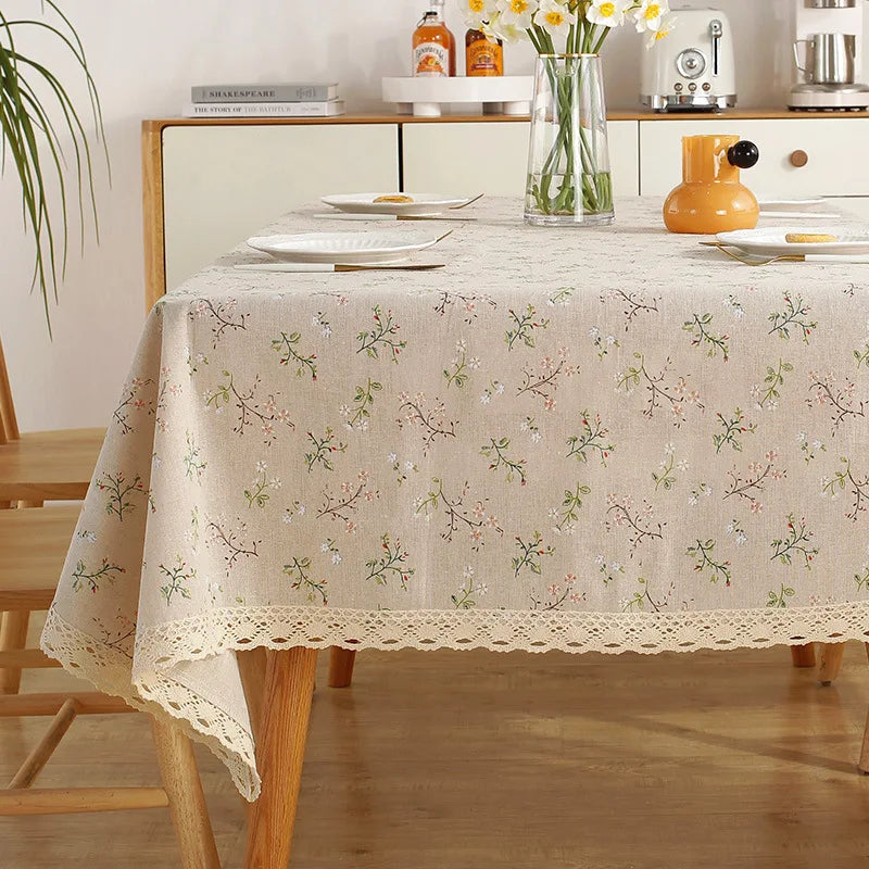 Qfdian Beige Daisy Lace Tassels Cotton Tablecloth Rectangle Table Cover for Tea Table Decorations Kitchen Living Room Wedding Party Use