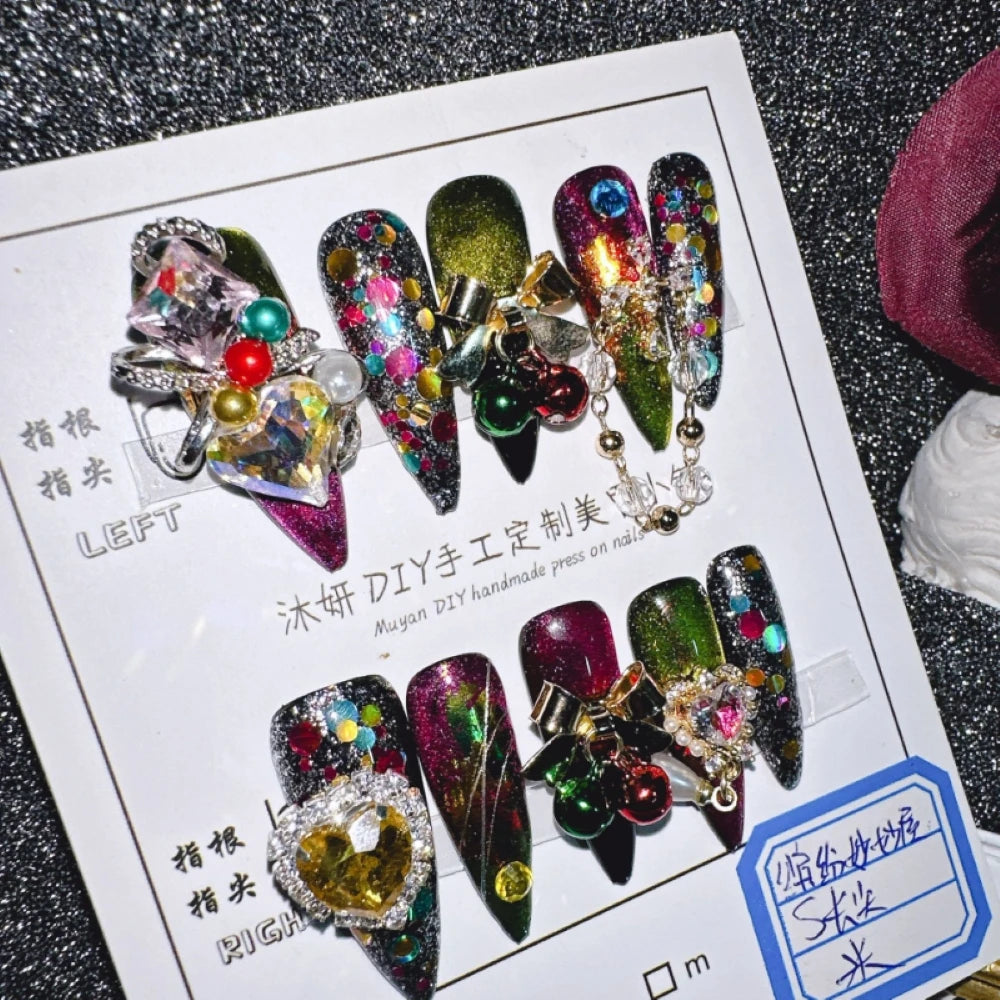 Qfdian 10Pcs High Quality Handmade Press on Nails Earth Demon Spider Dark Super Flash Exaggerated Spider Spicy Girl Personality Gothic