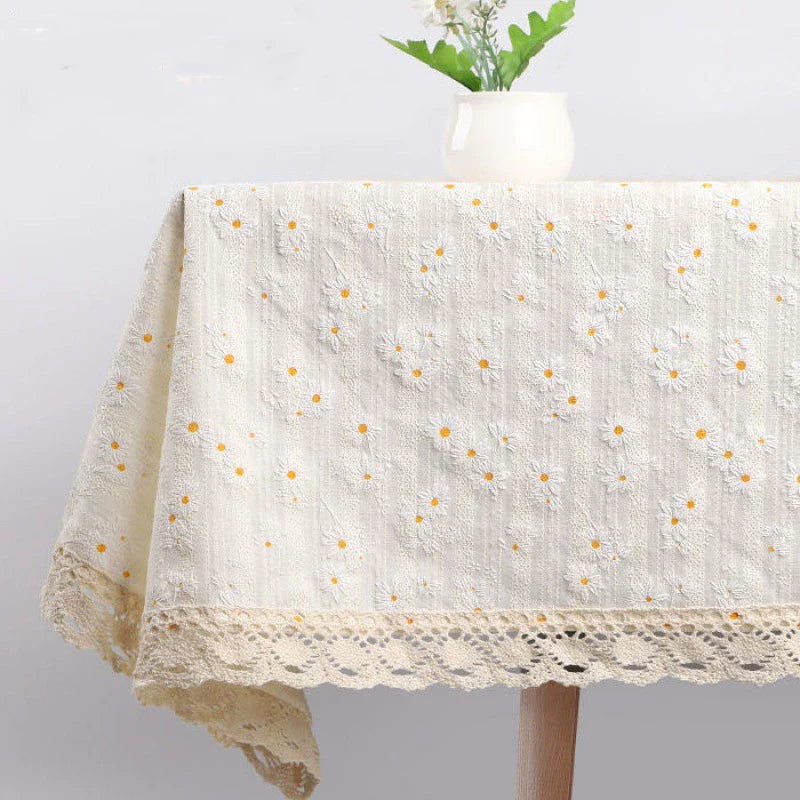Qfdian Beige Daisy Lace Tassels Cotton Tablecloth Rectangle Table Cover for Tea Table Decorations Kitchen Living Room Wedding Party Use