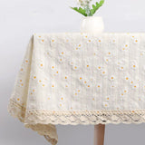 Qfdian Beige Daisy Lace Tassels Cotton Tablecloth Rectangle Table Cover for Tea Table Decorations Kitchen Living Room Wedding Party Use