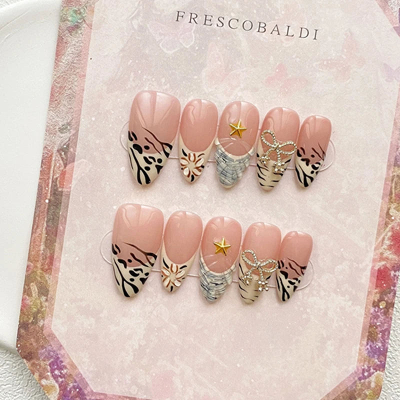 Qfdian Almond Handmade False Nails Press on Reusable Adhesive Fake Nails Leopard French Manicure Wearable Artificial Finger Tips Woman