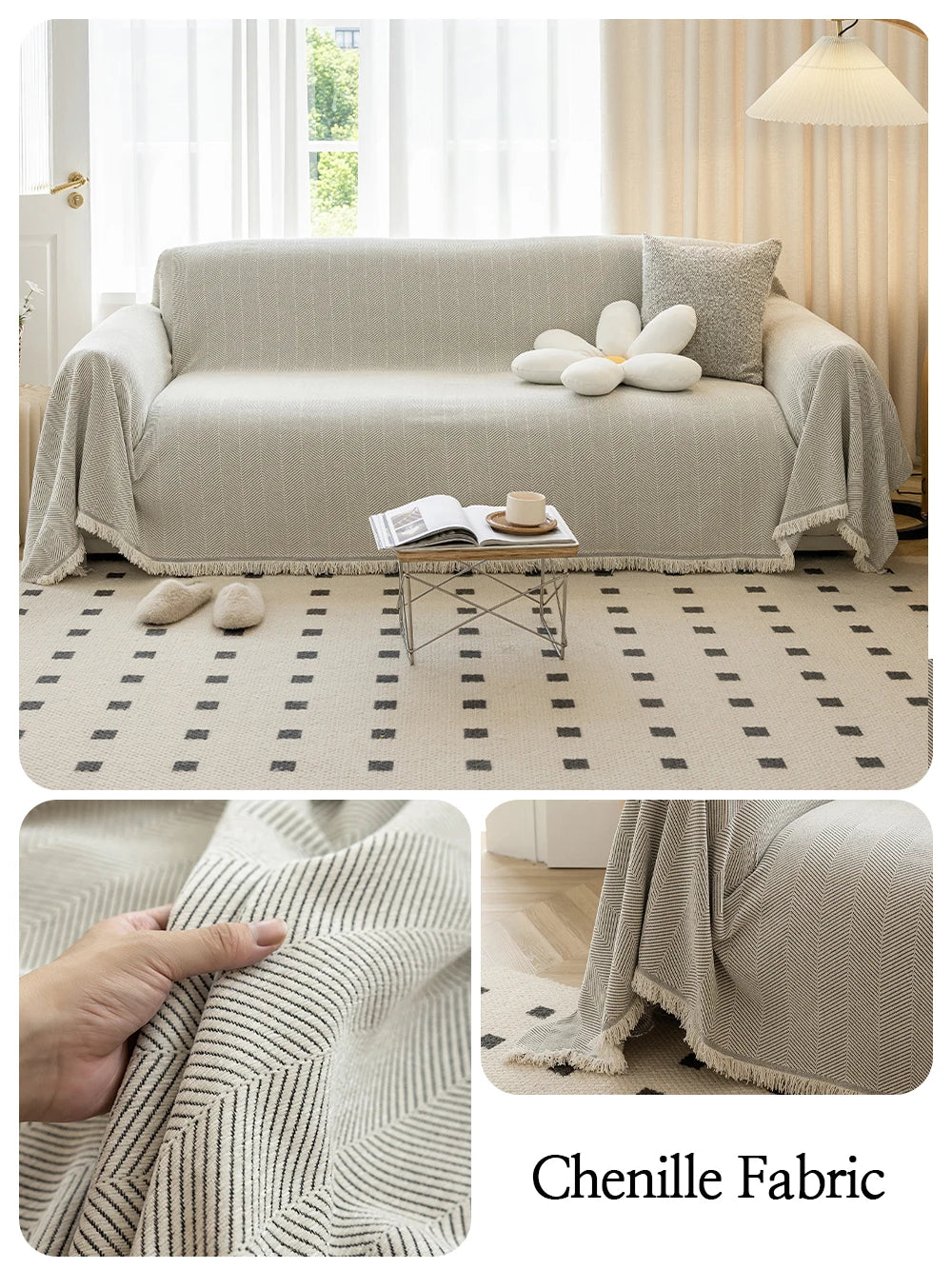 Qfdian Chenille Sofa Towel for living room French Style home decoration Sofa Cover Couch Cover Tassel edge Waffle cushion