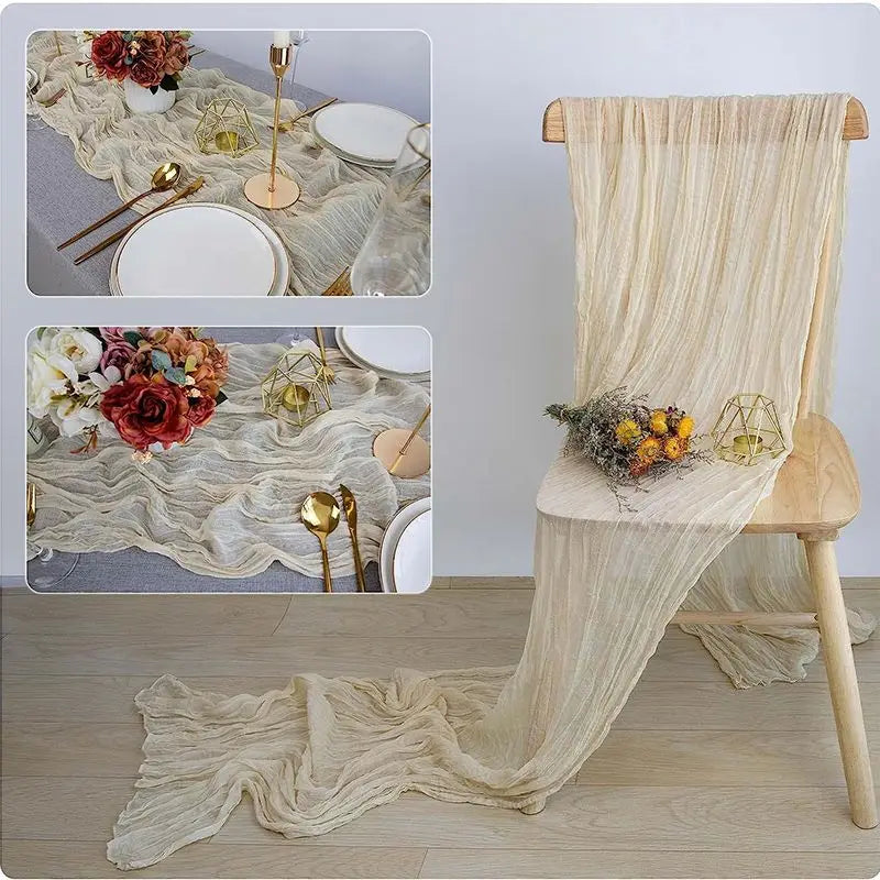 Qfdian Beige Table Runner Gauze Cheesecloth Rustic Sheer Boho Wedding Decoration Tablecloth Baby Shower Christmas Birthday Party Decors