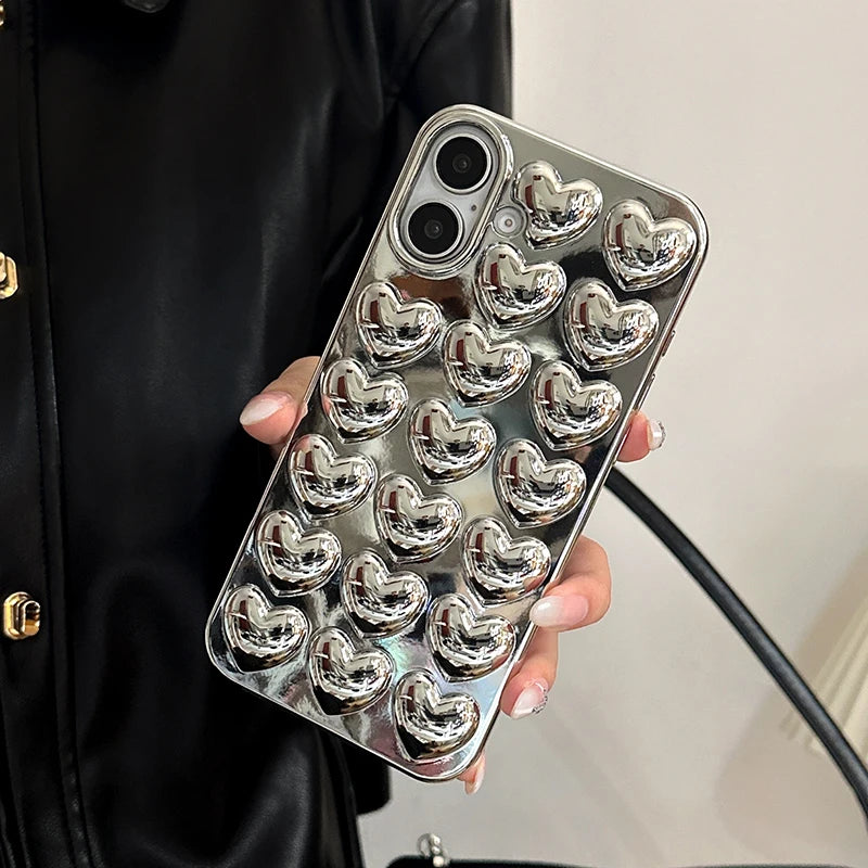 Qfdian Simple Stylish Silver Love Heart Phone Case For iPhone 11 12 13 14 15 16 Pro Max Glossy TPU Protective Back Cover