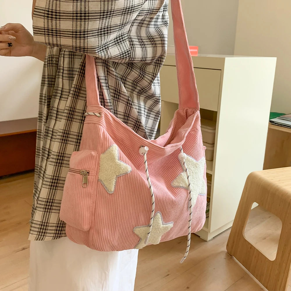 Qfdian Large Capacity Corduroy Bag, Women's Single Shoulder Casual Five Pointed Star Crossbody Bag, Versatile Tote Bag