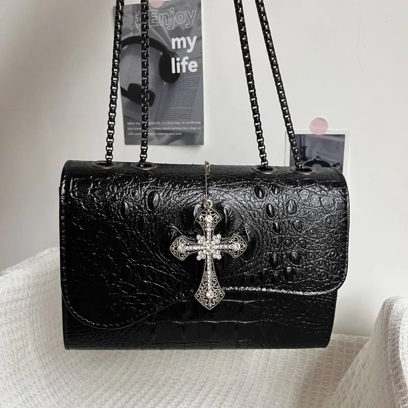 Qfdian Y2k Aesthetic Punk Gothic Cross Shoulder Bag Women Vintage Fashion Casual Handbags All Match Trendy Office Lady Crossbody Bags