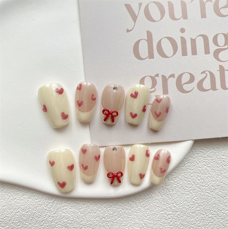 Qfdian Handmade Press on Nails Full Cover Bowknot Heart Acrylic French False Nails Cute with Aurora Reusable Manicure Nail Kit Manicure