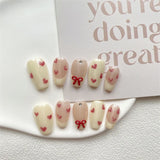Qfdian Handmade Press on Nails Full Cover Bowknot Heart Acrylic French False Nails Cute with Aurora Reusable Manicure Nail Kit Manicure