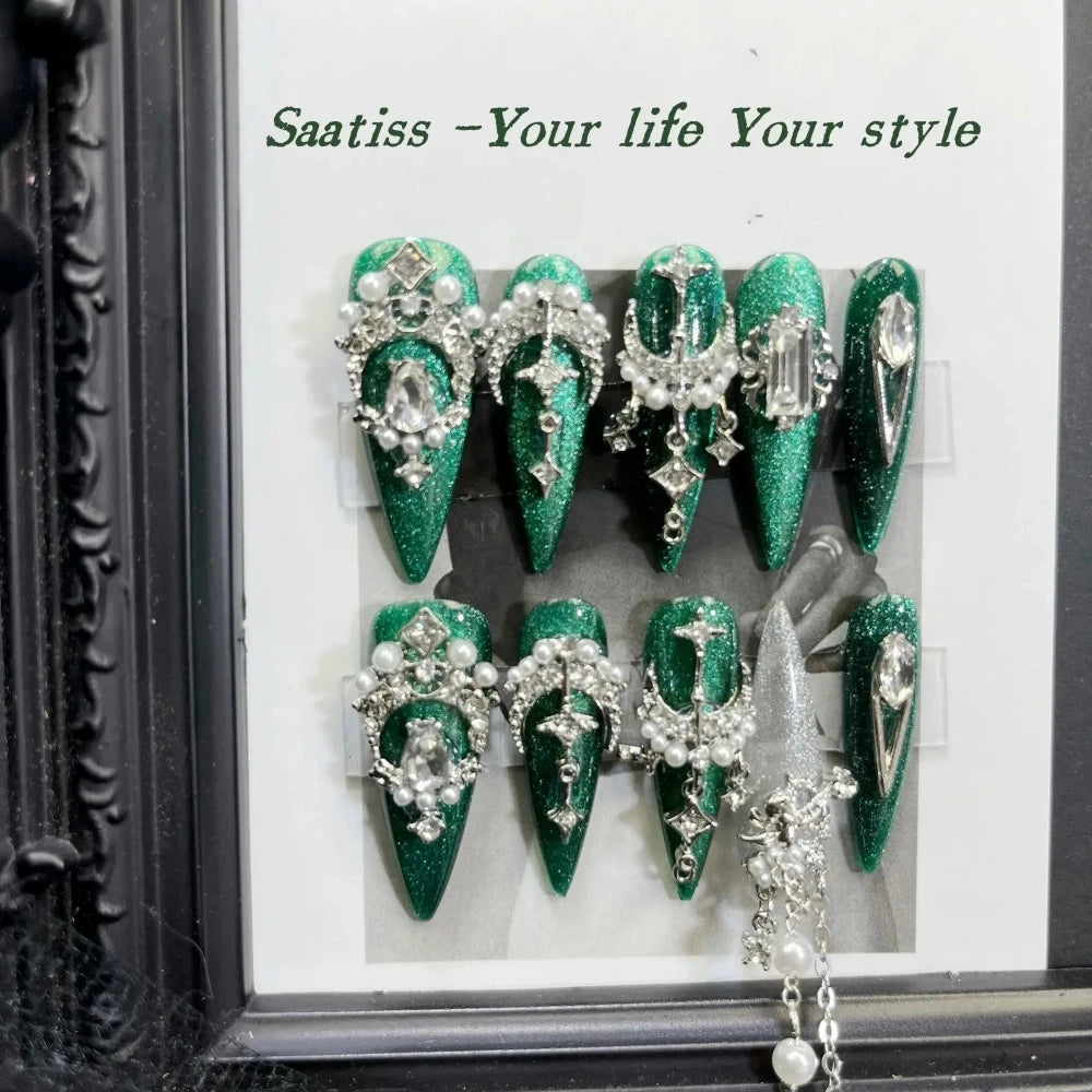 Qfdian 10Pcs High Quality Handmade Press on Nails Black Green Fashionable White Light Luxury Temperament Simple New Style