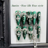 Qfdian 10Pcs High Quality Handmade Press on Nails Black Green Fashionable White Light Luxury Temperament Simple New Style