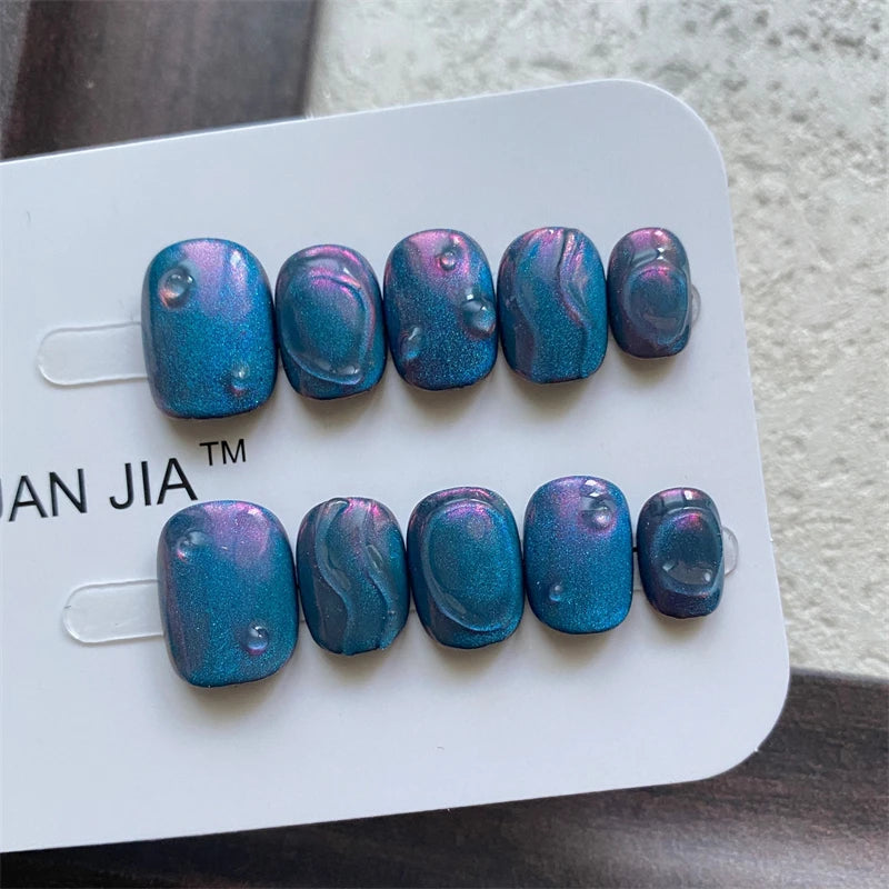 Qfdian Short Handmade Press on Nails Design Cat Eye Glitter False Nail Reusable Wearable Manicure Art Round Head Finger Tips Fake Nails