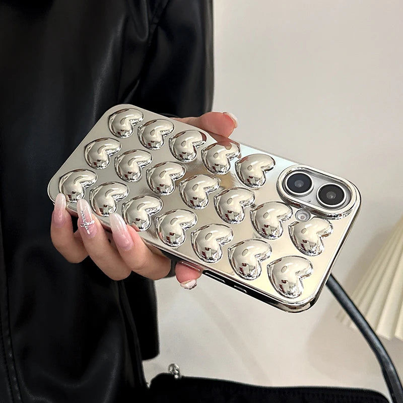 Qfdian Simple Stylish Silver Love Heart Phone Case For iPhone 11 12 13 14 15 16 Pro Max Glossy TPU Protective Back Cover