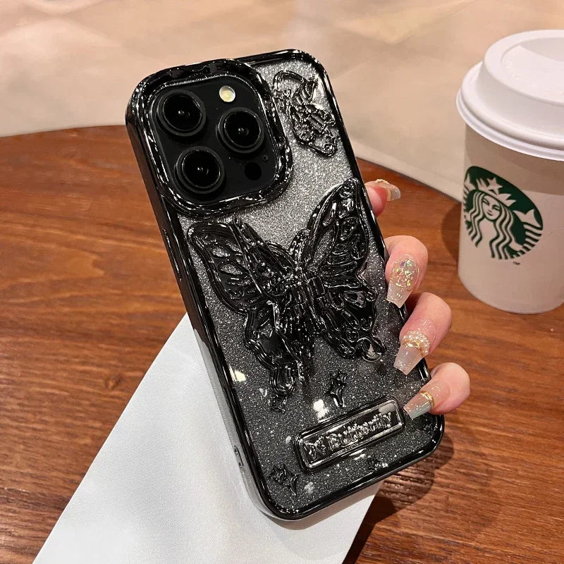 Qfdian Glitter Butterfly Gradient Stand Case for iPhone 15 16 14 12 13 Pro Max 14Pro Bracket Transparent Plating Soft Silicone Cover