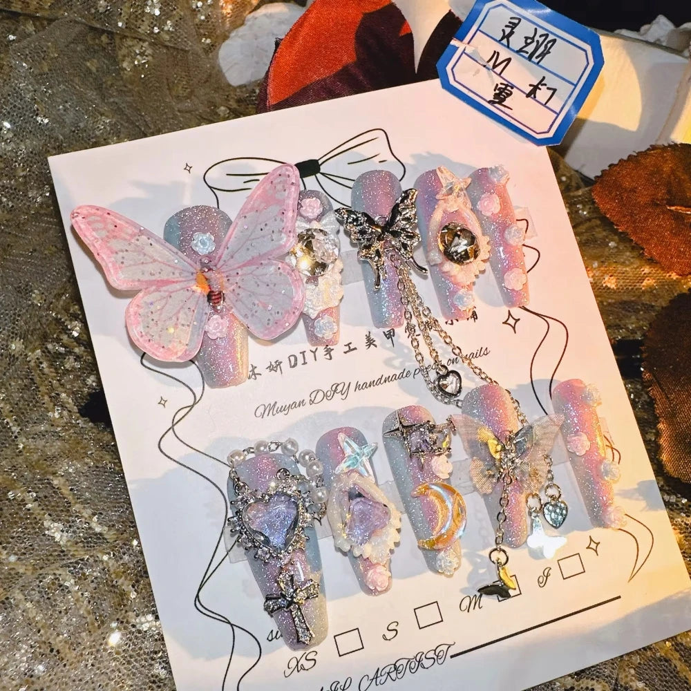 Qfdian 10Pcs High Quality Handmade Press on Nails Purple Jade Noble Elegant Luxurious Flower God Niche Style Spicy Drill  Decoration