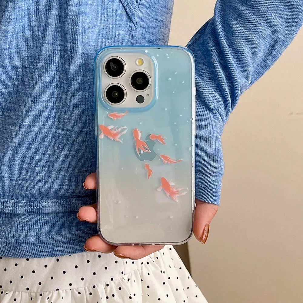 Qfdian Clear Blue Gradient Koi Fish Gloss Mobile Phone Protective Case For iPhone 12 13 14 15 Pro Max Coque For iPhone 16 Pro Max Cover