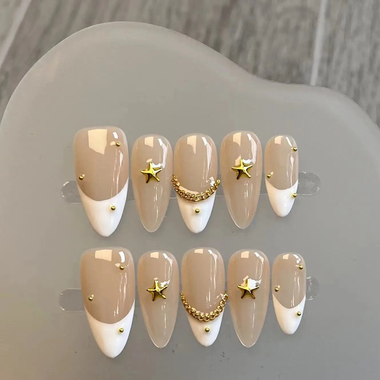 Qfdian Handmade Almond Press On Nail Reusable French Fake Nails Rhinestone Full Cover Artificial Manicuree Wearable Nail Tips Art