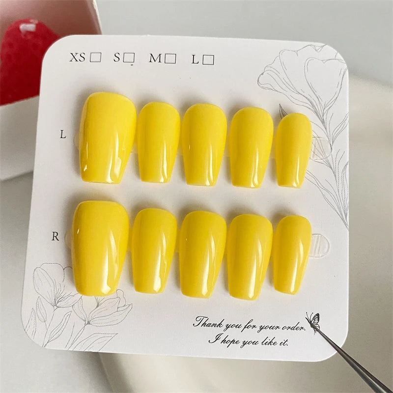 Qfdian 10Pcs Handmade Yellow Press On Nails Short Reusable Coffin Fake Nails Adhesive Full Cover False Wear Nail Cute Artificial Tips