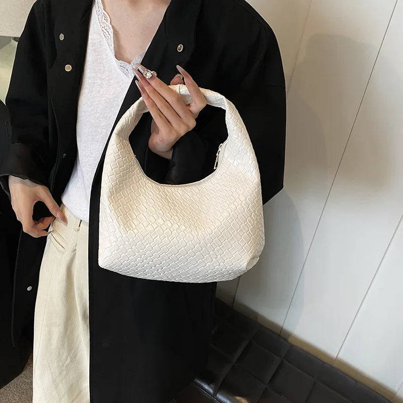 Qfdian Women Underarm Bag Classic Fashion Woven Embossed Hobo Soft PU Leather Small Top-handle Shoulder Bag Casual Daily Handbags