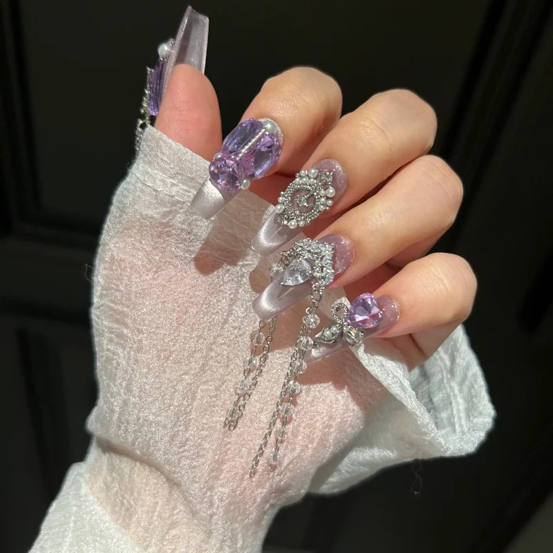 Qfdian 10Pcs High Quality Handmade Press on Nails Three-Dimensional Metal Decoration Cat's Eye Stick-on Nail Art Gorgeous Banquet