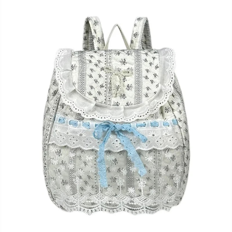 Qfdian Korean Lace Patchwork Sweet Bow Backpack Women Students Chic Flower Print Bow Schoolbags Y2k Aesthetic Girls All Match Backpacks