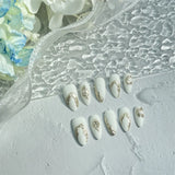 Qfdian 10pcs Almond Handmade Press on Nails White Foils Designed False Nails Manicure Artificial Short Full Cover Wearable Nail Tips