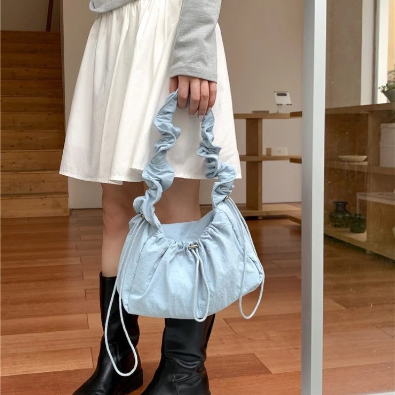 Qfdian Japanese Fashion Casual Women's Handbags Y2k Aesthetic All Match Nylon Simple Shoulder Bags Vintage Solid Pleated Underarm Bag
