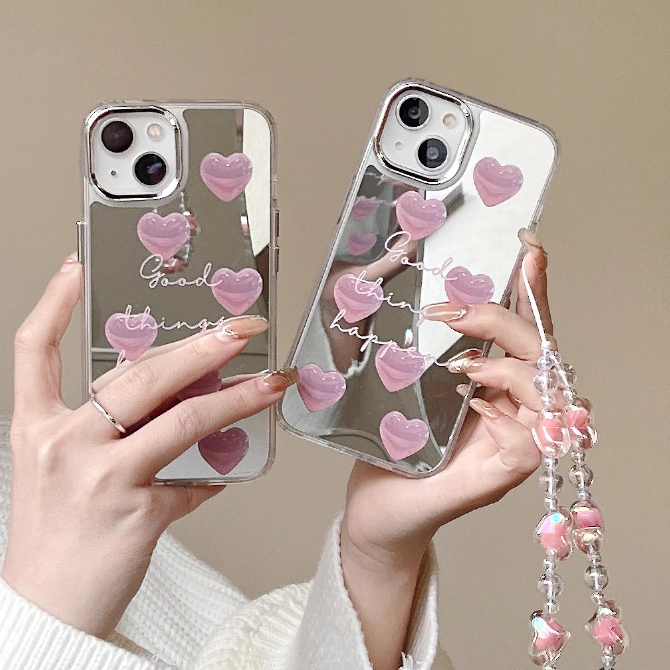 Qfdian Pink Heart Silver Plated Mirror Case For iPhone 11 12 13 Pro Max 14 15 Pro Max Silicone Drop Protection Case