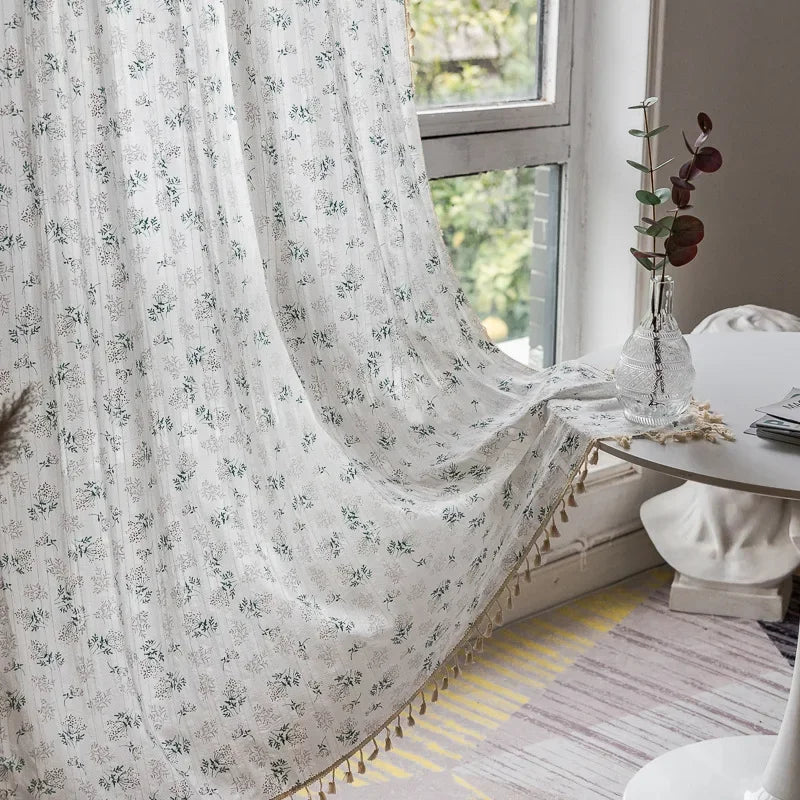 Qfdian Korean Daisy Curtain Road Pocket Shade Bohemian Tassel Curtain for Kitchen Bedroom Living Room Kids Semi Blackout Window Curtain